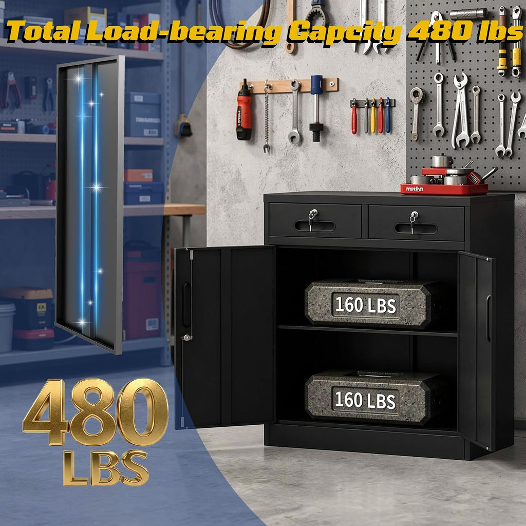 Metal Storage Cabinet with Drawer and Adjustable Shelve, 35' Steel Garage Storage Cabinets with lock, Locking Tool Cabinet Utility Cabinets for Garage,Bathroom,Kitchen,Home Office,School,Shop