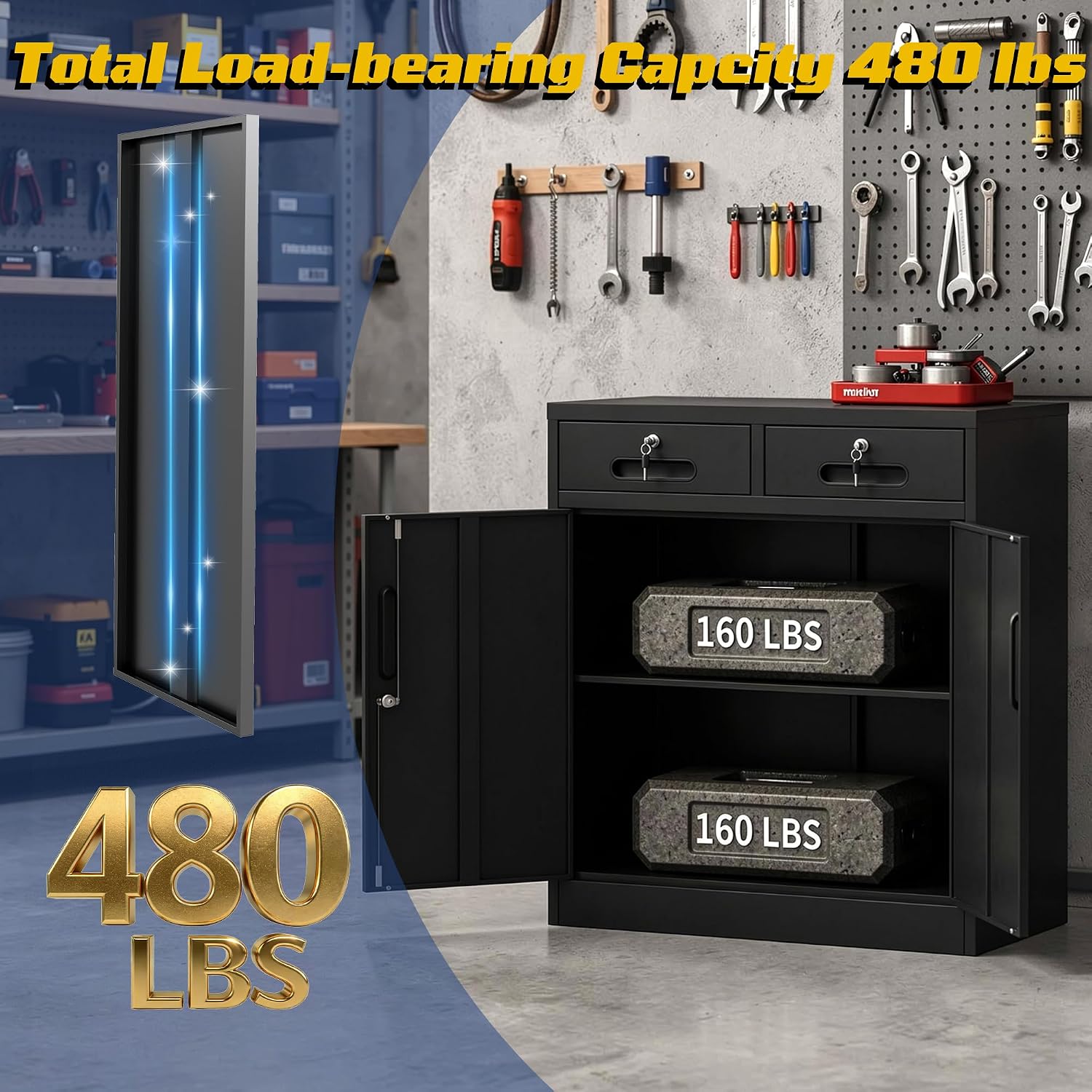 Metal Storage Cabinet with Drawer and Adjustable Shelve, 35' Steel Garage Storage Cabinets with lock, Locking Tool Cabinet Utility Cabinets for Garage,Bathroom,Kitchen,Home Office,School,Shop