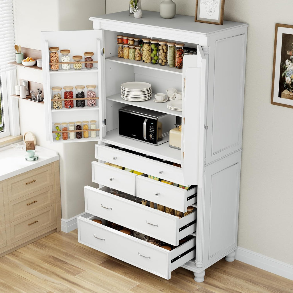 77.3 inch Tall Kitchen Pantry Cabinet with 6 Door Shelves and 2 Adjustable Shelves, Wooden Storage Cabinet Cupboard with 6 Drawers for Kitchen, Dining (White-83)