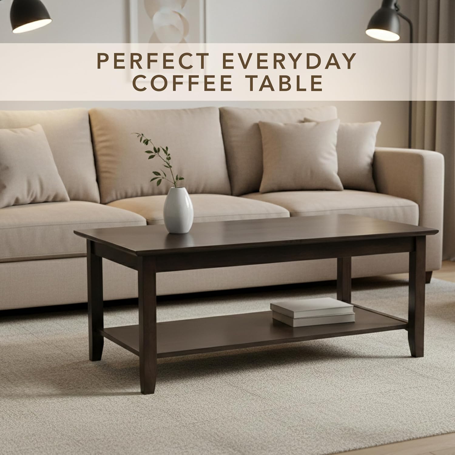 Solid Wood Coffee Table - Dark Walnut Wood Finish, Classic Design