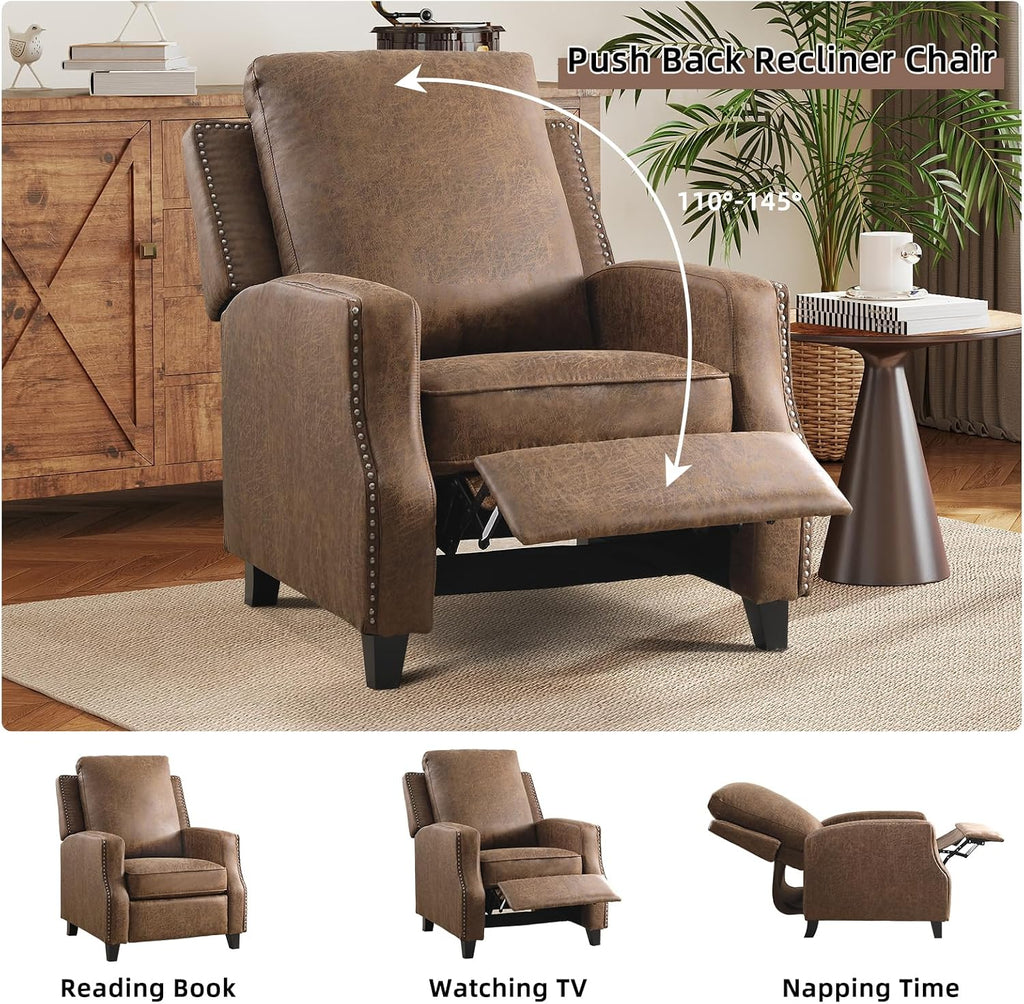 Push Back Recliner Chair Faux Leather Pushback Armchair with Rivet Decoration Wingback Single Sofa Chair with Padded Seat Solid Wood Legs for Living Room, Comfy Upholstered Set of 2, Brown