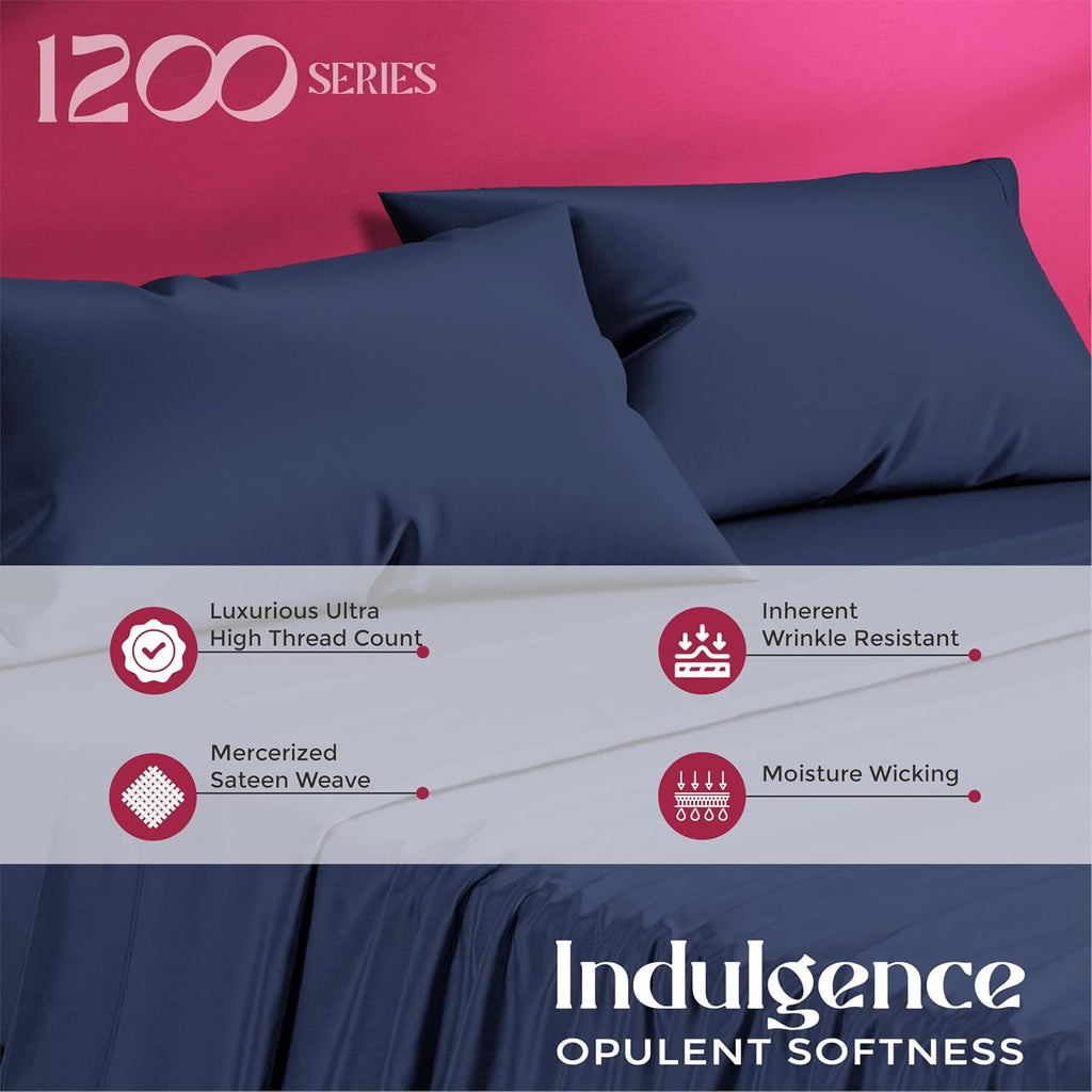 Mayfair Linen 100% Egyptian Cotton Queen Sheet Set - Luxury 1200 Series Egyptian Cotton Sheets Queen Size (4 PC, Navy Blue), Silky Soft, Cooling & Breathable, 17' Deep Pocket Sateen Hotel Bedding