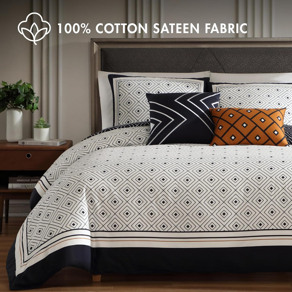 Bebejan Luxury Queen Comforter Set Black & White Geometric - 5 Piece Reversible Bedding Set, 100% Cotton Sateen, Soft Breathable All Season Bed Comforter (1 Comforter, 2 Shams & 2 Pillows)