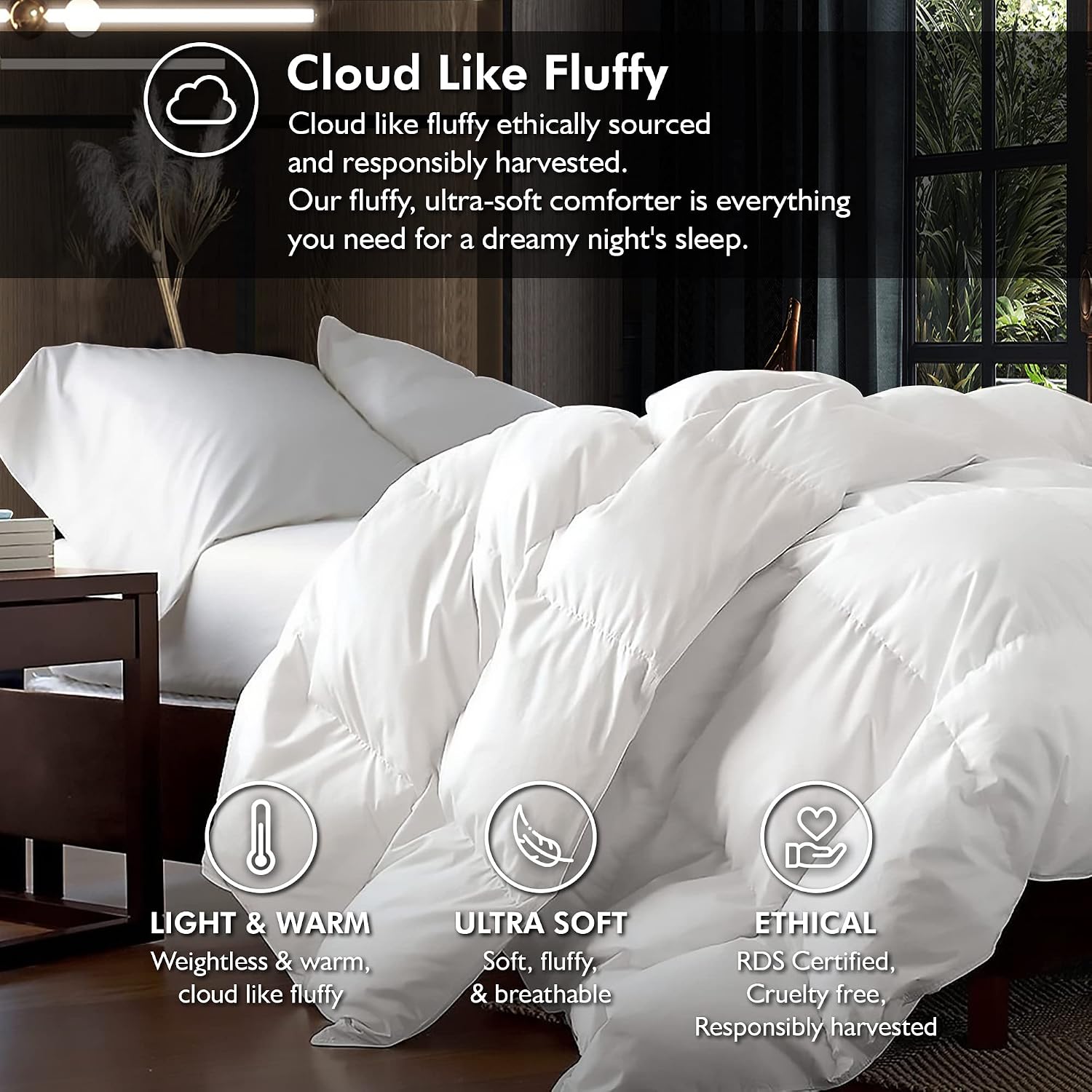 Luxurious Full Size Goose Down Fiber Waterfowl Feather Fiber Comforter Duvet, 100% Egyptian Cotton Cover, 45 oz. Fill Weight, Baffle Box Design, White Solid