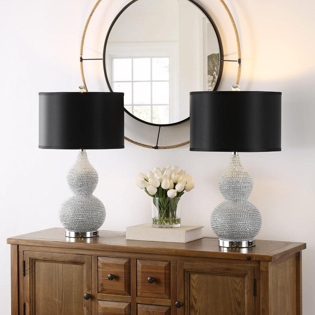 SAFAVIEH Lighting Collection Nicole Silver/Black Shade Beaded 25-inch Table Lamp Set of 2 with USB Charging Port (LED Bulbs Included)