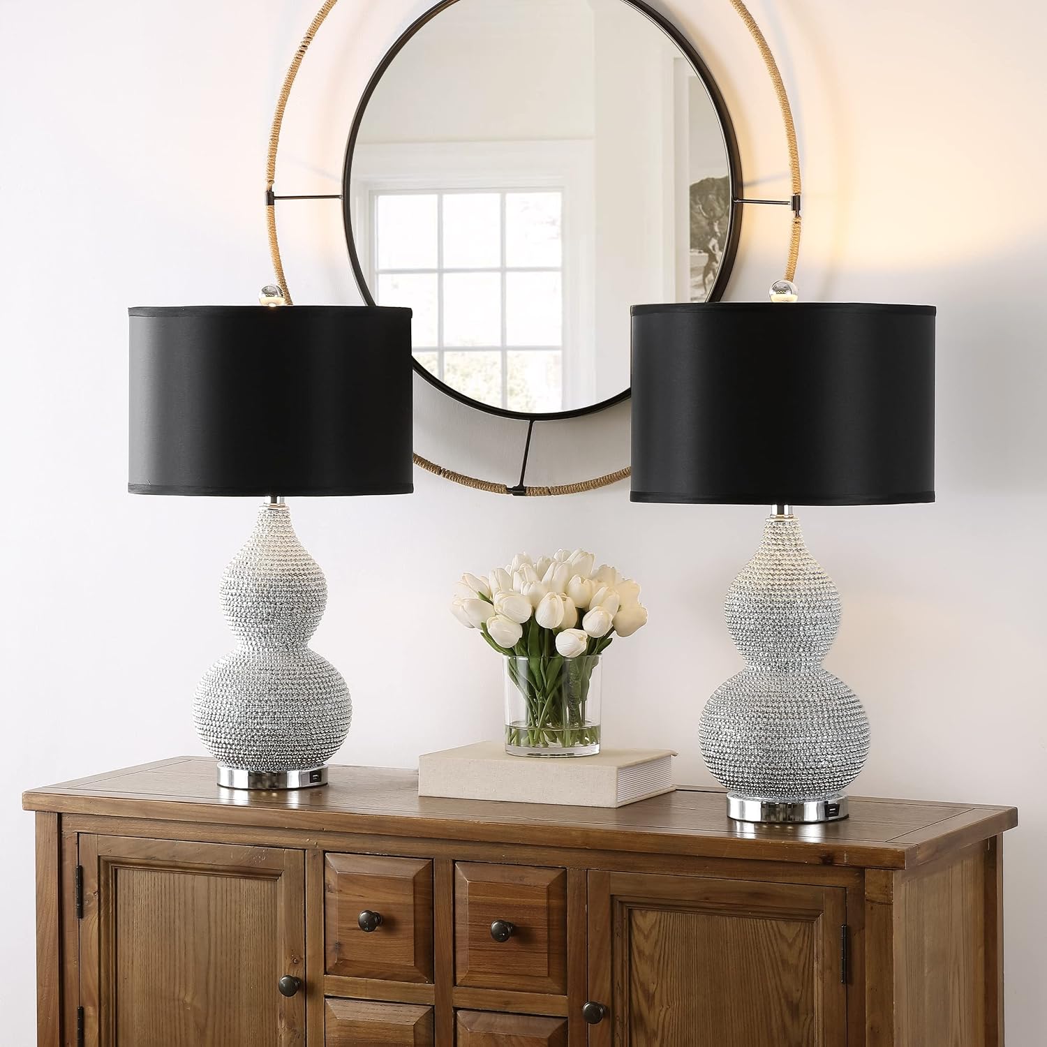 SAFAVIEH Lighting Collection Nicole Silver/Black Shade Beaded 25-inch Table Lamp Set of 2 with USB Charging Port (LED Bulbs Included)
