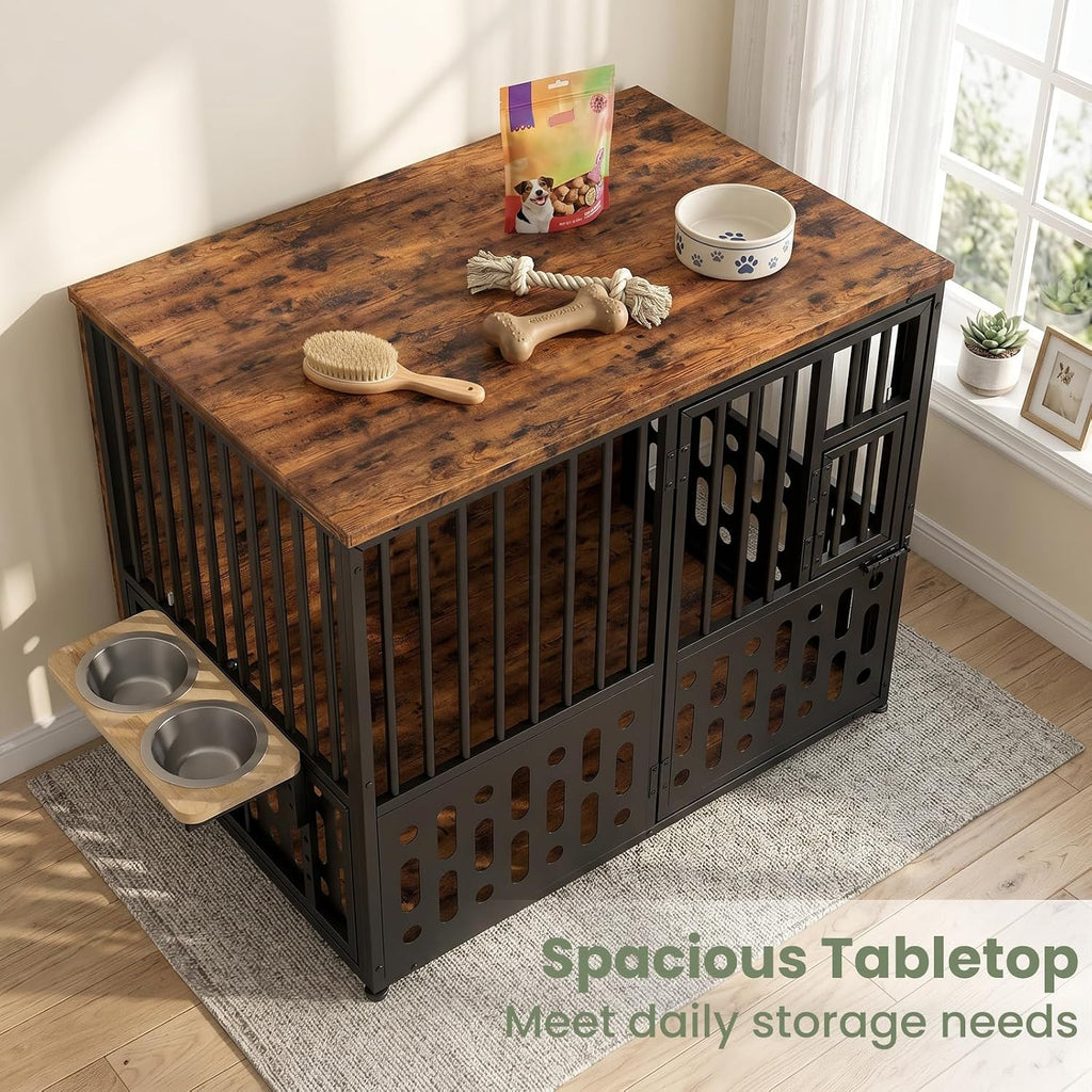 Yafylly 32 Inch Small Dog Crate, Wood Dog Crate Furniture for Small Medium Dogs, Interactive Window, 360° Rotating Adjustable Bowls, Decorative End Table Dog Kennel, Heavy Duty Small Dog Cage, Brown