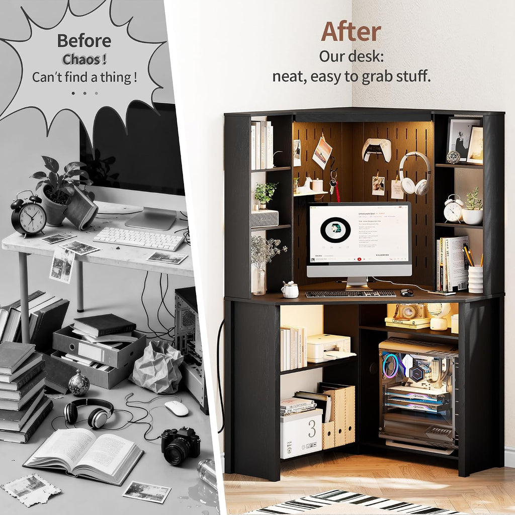 HNEBC Home Office Desk with Pull-Out LED,L-Shaped Corner Desk with Pull-Out LED Lights & Chariging Station,Computer Desk with Hutch & 10 Shelves,Pegboards for Work & Study,Black