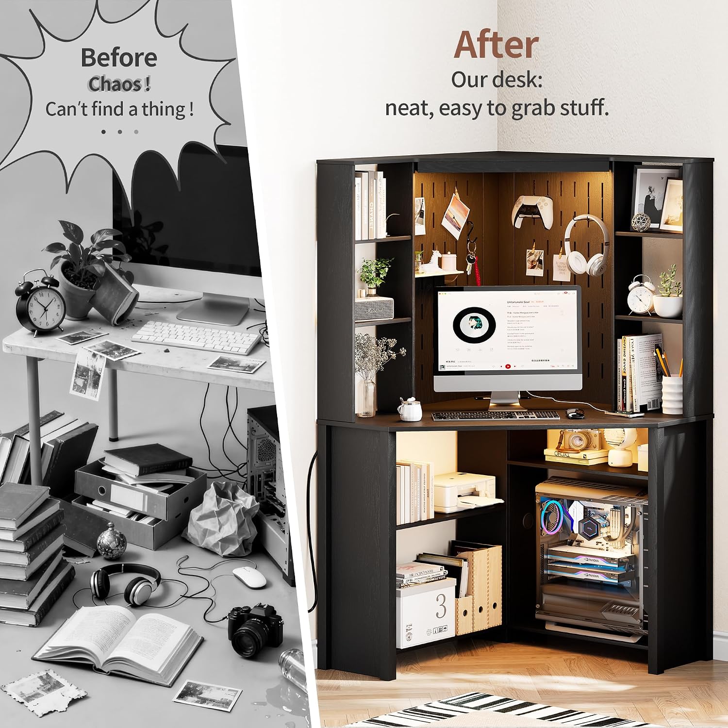 HNEBC Home Office Desk with Pull-Out LED,L-Shaped Corner Desk with Pull-Out LED Lights & Chariging Station,Computer Desk with Hutch & 10 Shelves,Pegboards for Work & Study,Black