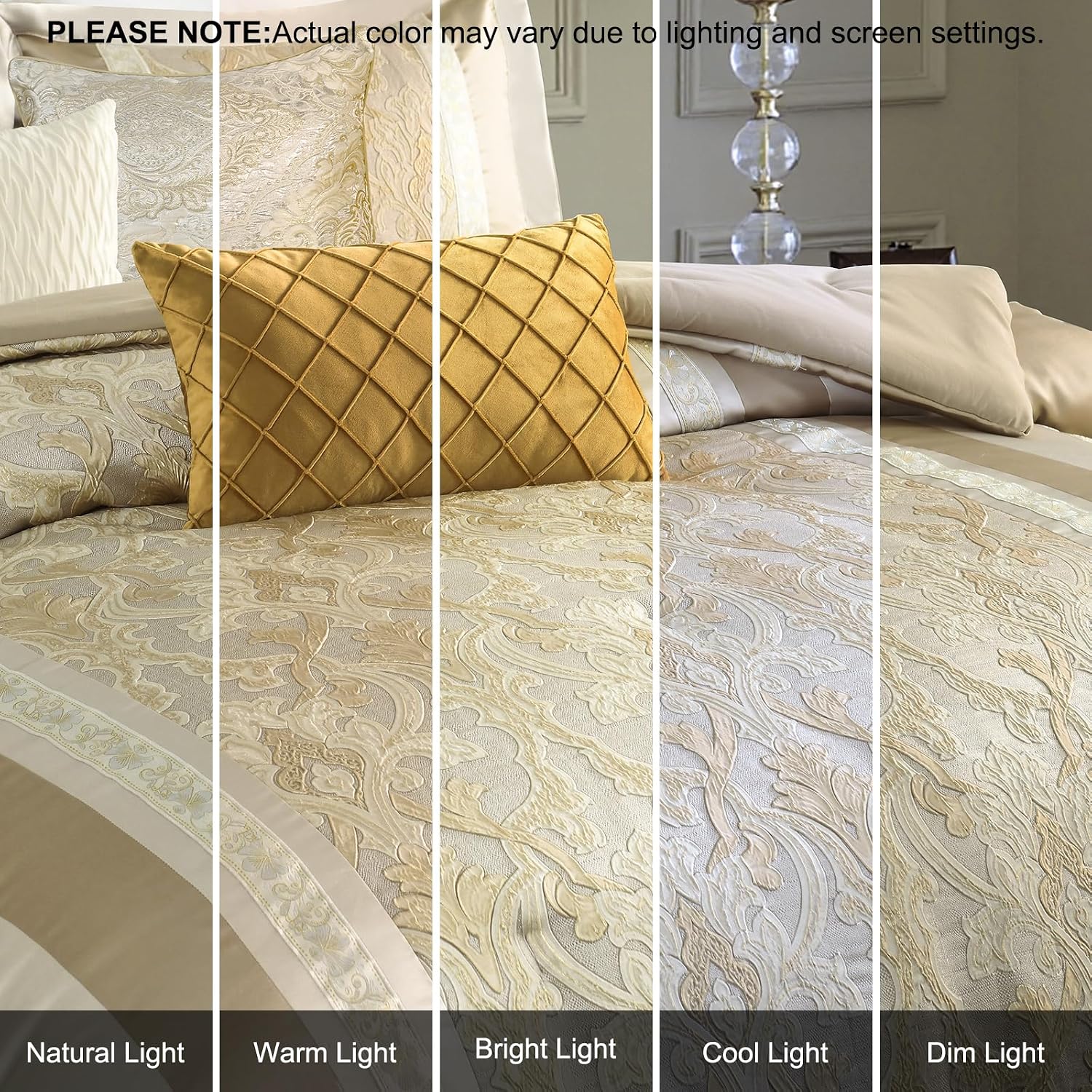 Finlonte Queen Size Comforter Set, Champagne Beige, 7 Piece Bed in a Bag for All Seasons, Luxury Vintage Floral Jacquard Damask Patchwork, Soft Bedding Sets with Bedskirt, Shams and Decor Pillows