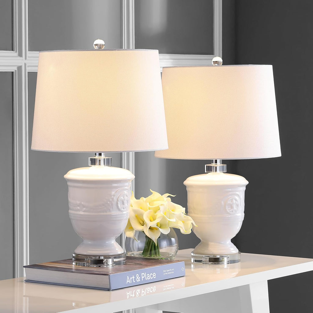 SAFAVIEH Lighting Collection Shoal Farmhouse White 24-inch Bedroom Living Room Home Office Desk Nightstand Table Lamp Set of 2 (LED Bulbs Included)