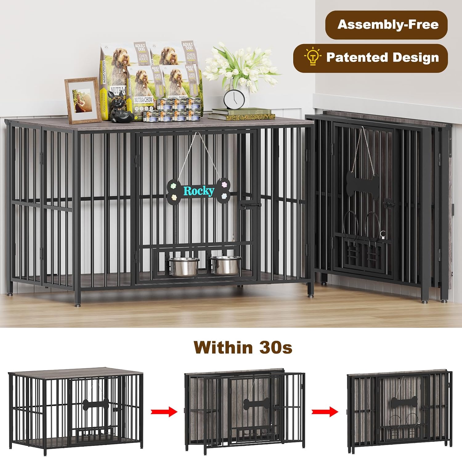 Easycom 43' Dog Crate Furniture Foldable, No Assembly Decorative Dog Kennel Indoor, XL Dog Crates for Large Dogs (60-80 lbs), Wooden Dog Cage with Adjustable Bowls and Name Tag, Oak Grey