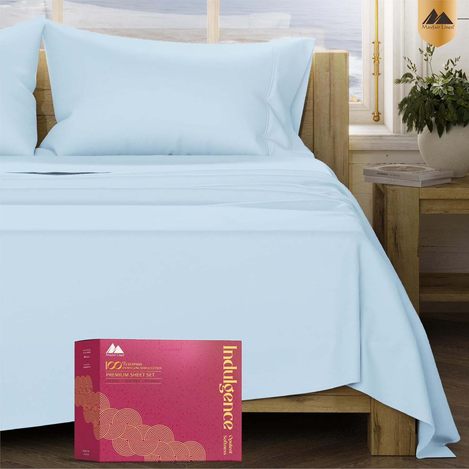 Mayfair Linen 100% Egyptian Cotton Queen Sheet Set - Luxury 1200 Series Egyptian Cotton Sheets Queen Size (4 PC, Light Blue), Silky Soft, Cooling & Breathable, 17' Deep Pocket Sateen Hotel Bedding