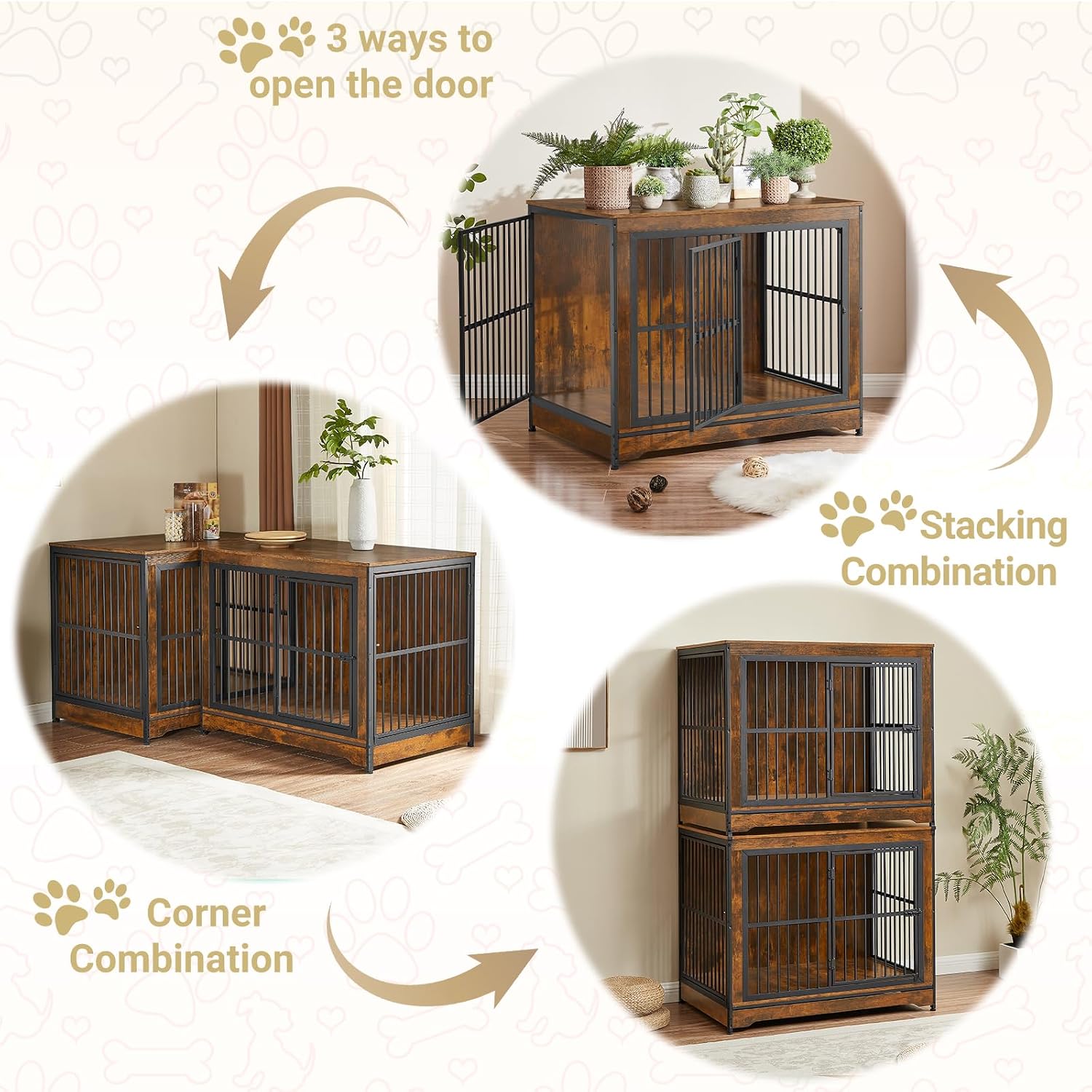 Rovibek 86' Stackable Dog Kennel Furniture with Removable Divider & 3 Doors, Double Dog Crates Furniture for 2 Dogs, Corner Dog Crate Furniture, Rustic Brown