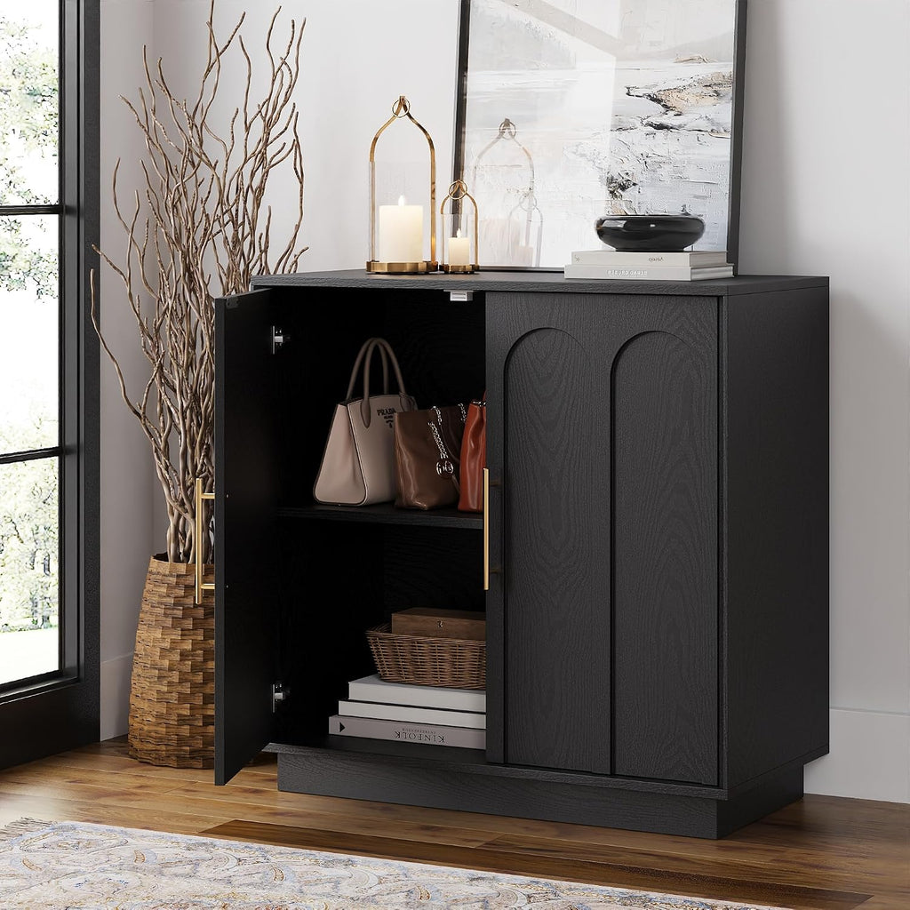 FORTUNETEC Sideboard Buffet Cabinet with Storage Set of 3, Mid Century Modern Accent Cabinet with Arched Doors, Modular Media Console, Credenza for Living Room Kitchen Dining Room Entryway, Black
