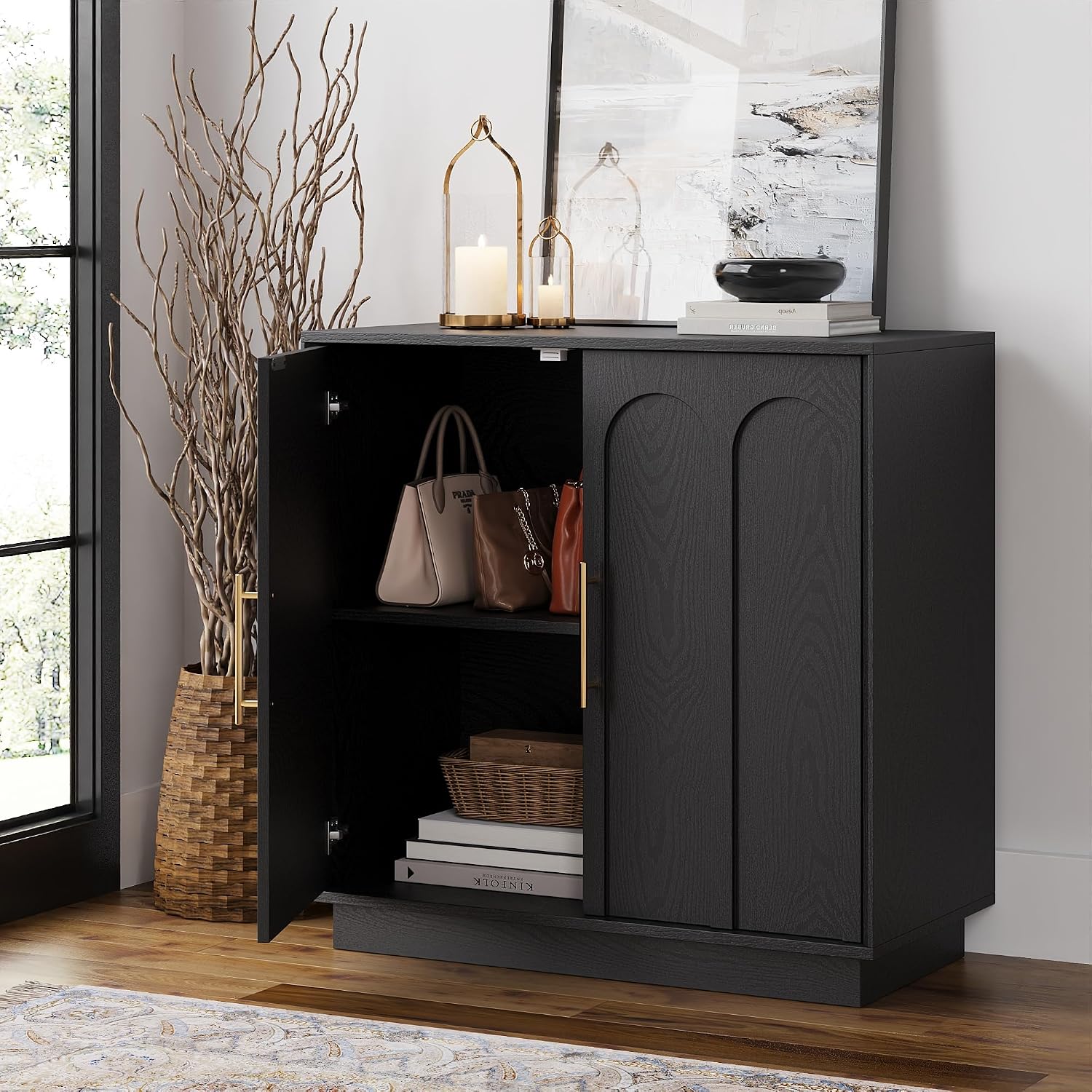 FORTUNETEC Sideboard Buffet Cabinet with Storage Set of 3, Mid Century Modern Accent Cabinet with Arched Doors, Modular Media Console, Credenza for Living Room Kitchen Dining Room Entryway, Black