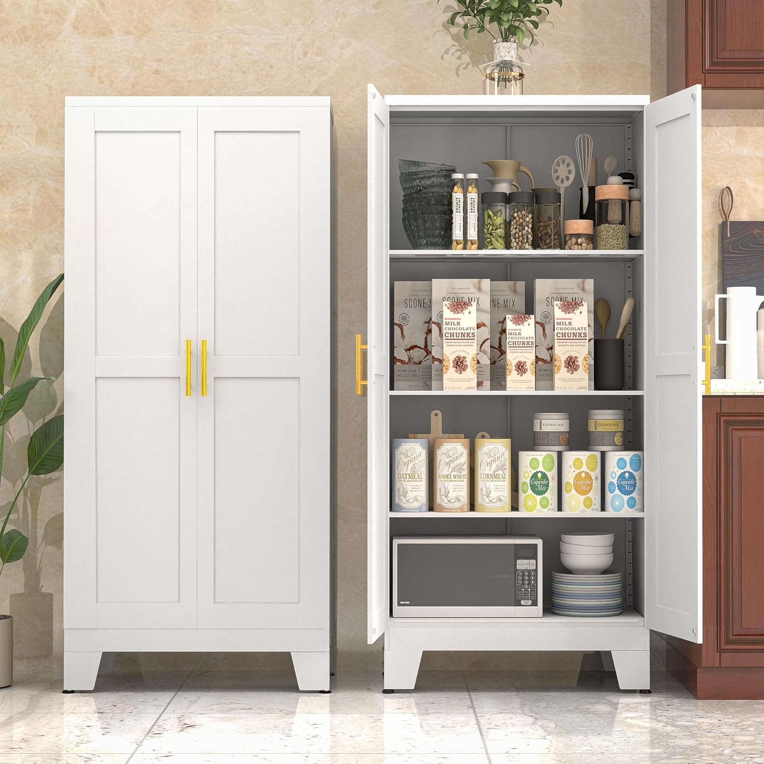 PAOFIN White Metal Kitchen Storage Cabinet, Kitchen Pantry Storage Cabinet with Doors and Shelves, Storage Cabinet with Adjustable Leveling Foot for Kitchen, Living Room and Dining Room. 61' H