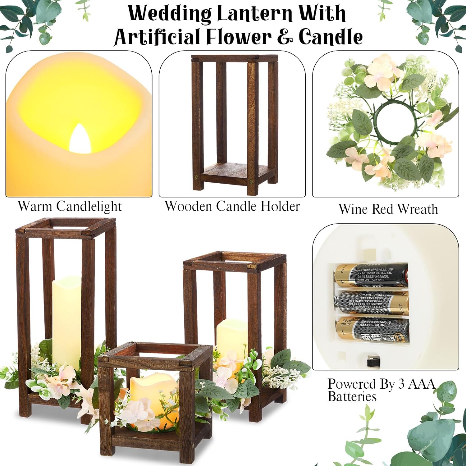 Hushee 15 Set 45 Pcs Wooden Wedding Lantern Centerpiece Wooden Candle Lantern Set Rustic Holder for Wedding Table Decoration Farmhouse for Birthday Party(Brown)
