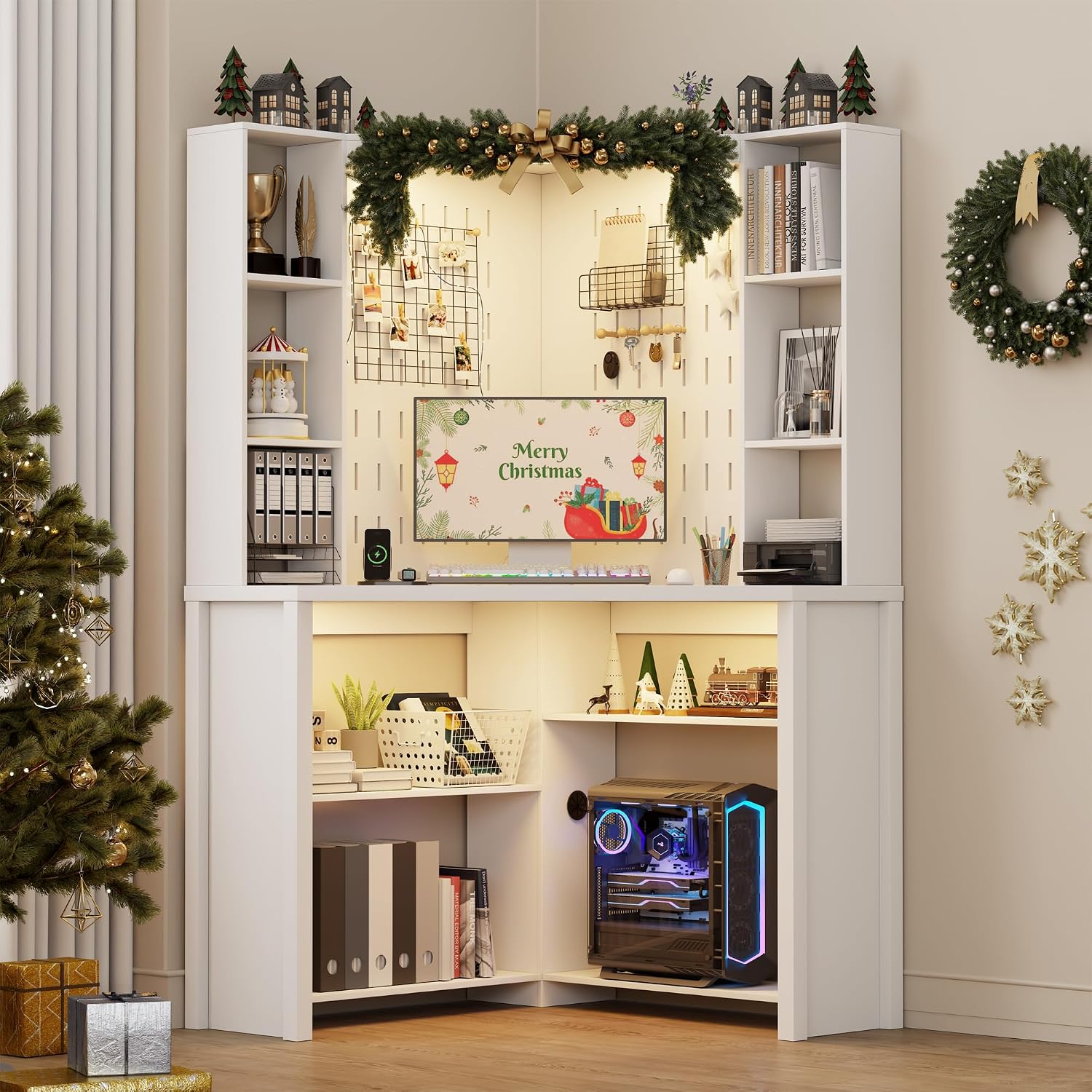 Corner Desk with - LED Reading Light, L-Shaped Computer Desk w/Hutch & Shelves, Home Office Desk w/Charging Station for Work & Study, File Cabinet Storage Bookshelf for Small Space (White)