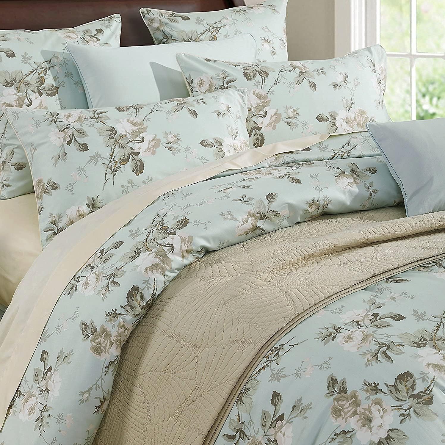 Brandream French Country Garden Toile Floral Duvet Cover King Size Bedding Set Cotton Asian Style Tapestry Chinoiserie Peony Blossom Tree Branches Multicolored Design (King,Mint Green)
