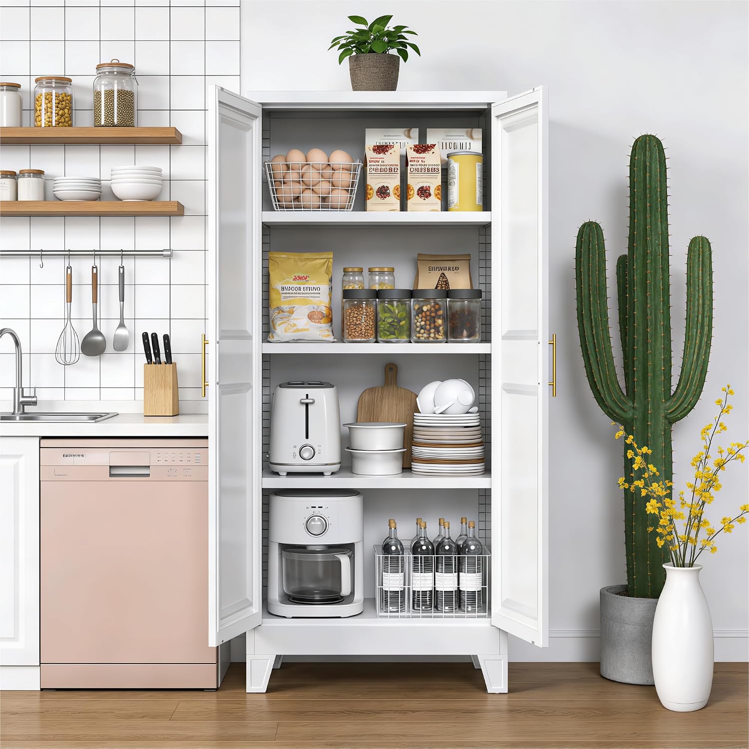 Metal Kitchen Pantry Cabinet with Adjustable Shelf, Pantry Cabinet with Doors, Freestanding Floor Cabinet for Kitchen, Home, Required Assembly, White