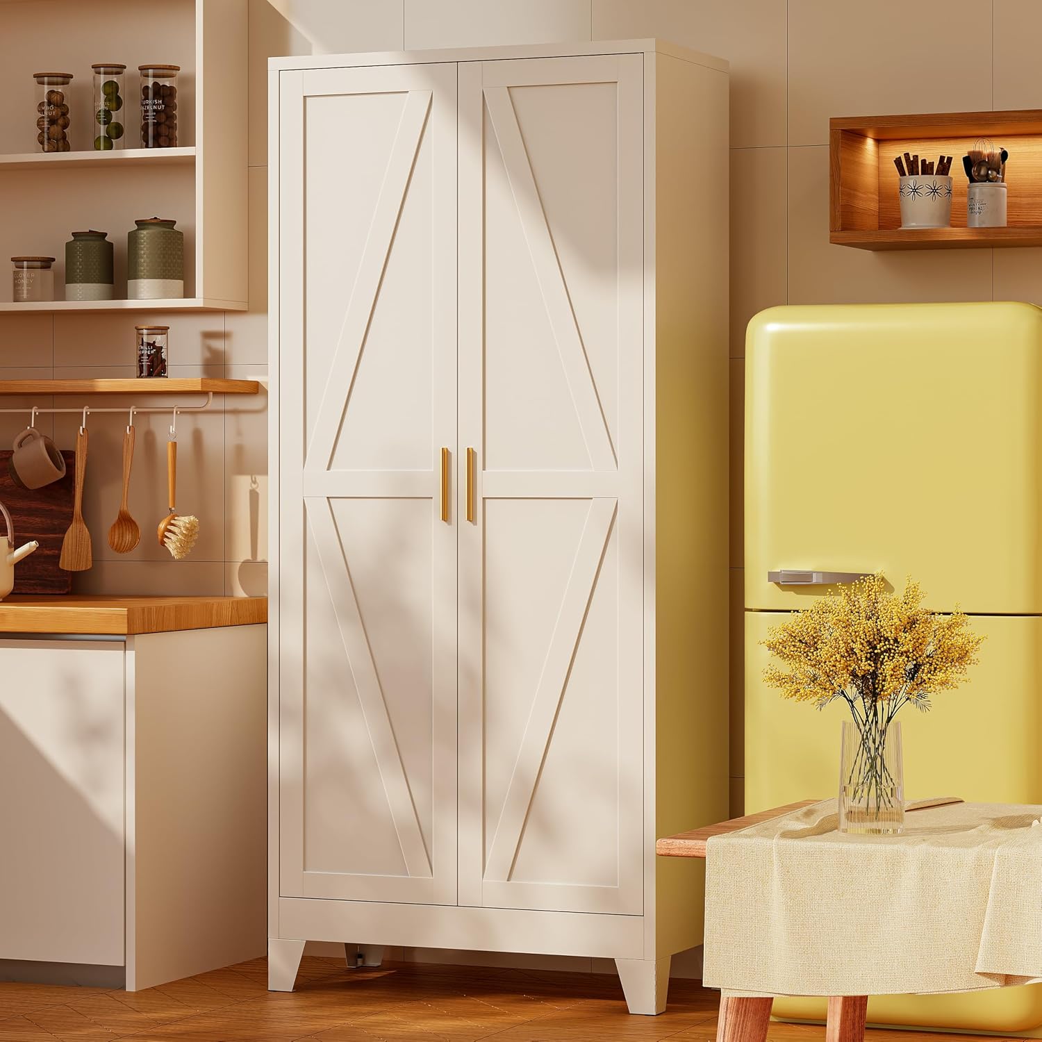 61' H White Storage Cabinet,Metal Pantry Cabinets with Doors,Tall Cabinet,Kitchen Pantry Storage Cabinets