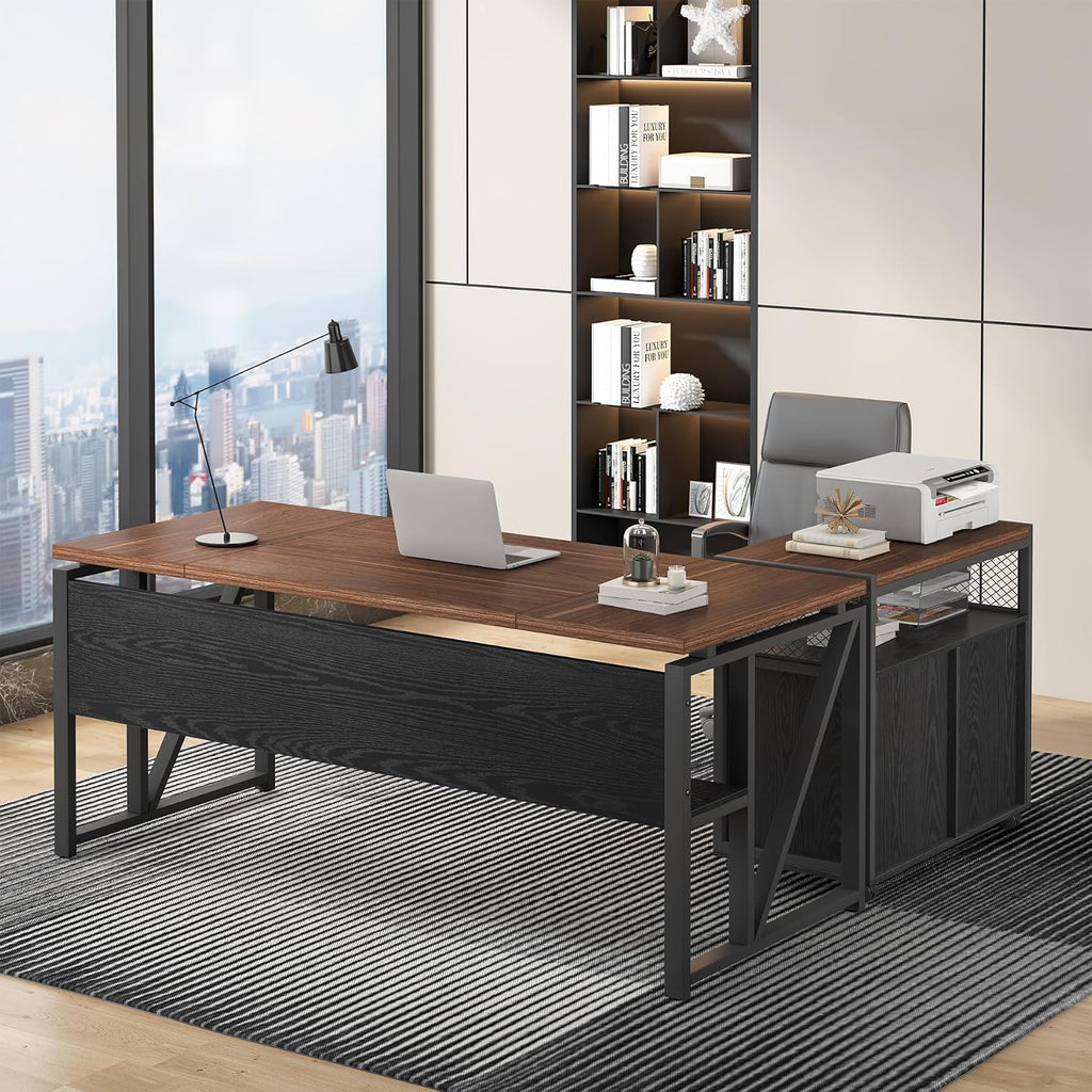 Tribesigns 63' Executive Deskwith Drawer Cabinet, L Shaped Desk and lateral File Cabinet, 2 Piece Home Office Furniture Set with Drawers for Hanging, Doors with Locks (Dark Brown, 63 inches)