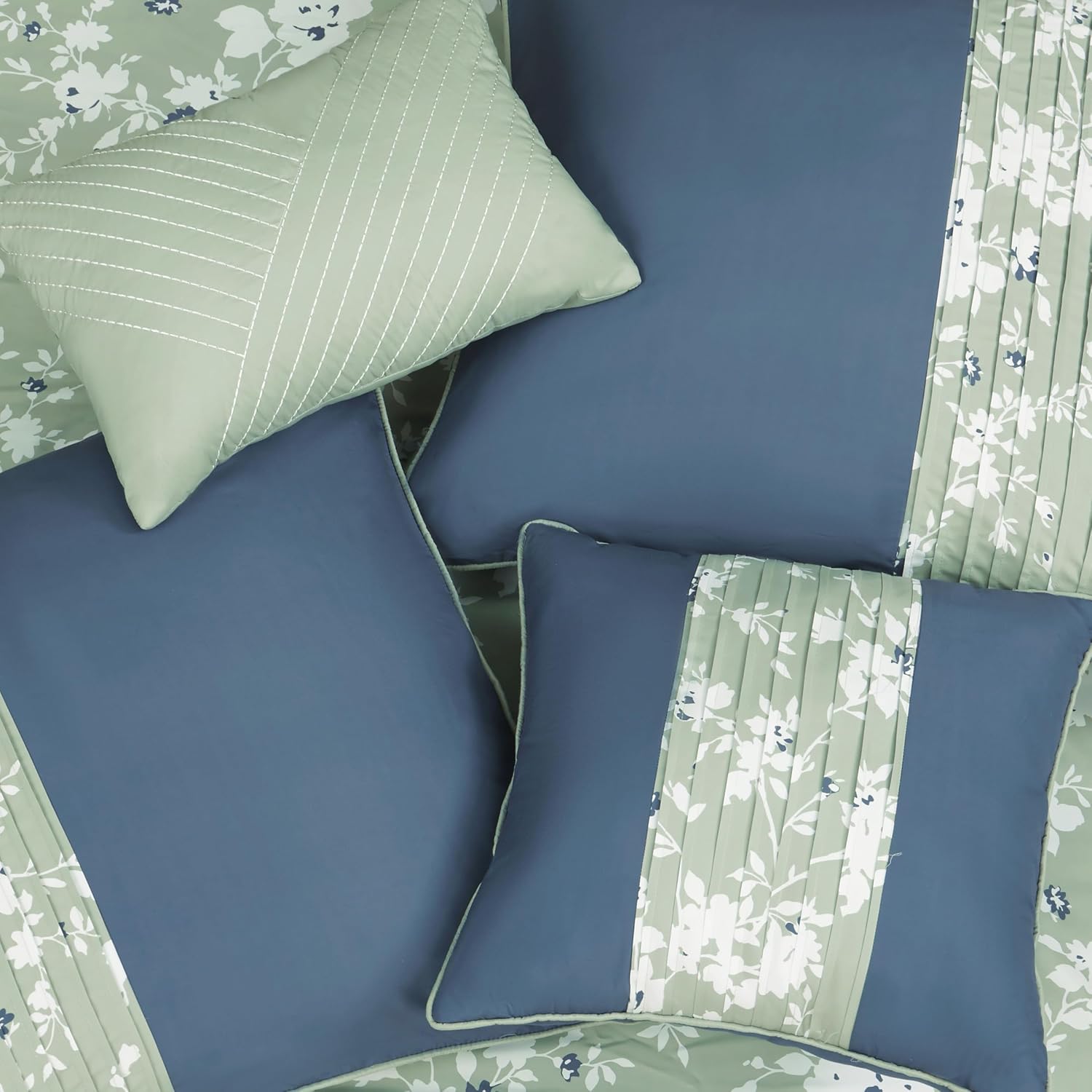 Lucky Brand Fianna Sage Green Floral Luxury 7 Piece Comforter Bedding Set - Full/Queen Size Comforter Set