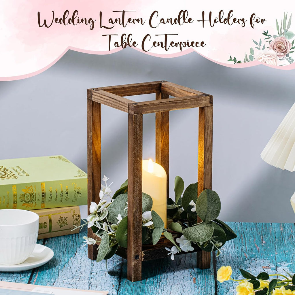 Geelin 12 Set 10.59'' Brown Wooden Lanterns for Wedding Centerpieces Include 12 Wooden Lantern 12 LED Candle 12 Eucalyptus Leaves Wreath for Wedding Baby Shower Farmhouse Rustic Table Decor