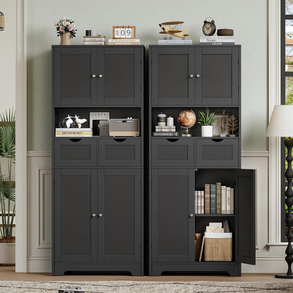 Iwell 57.8' H Tall Storage Cabinet with 2 Drawers & 2 Adjustable Shelves, Kitchen Cabinet with 4 Doors, Tall Cabinet for Living Room, Dining Room, Entryway, Black