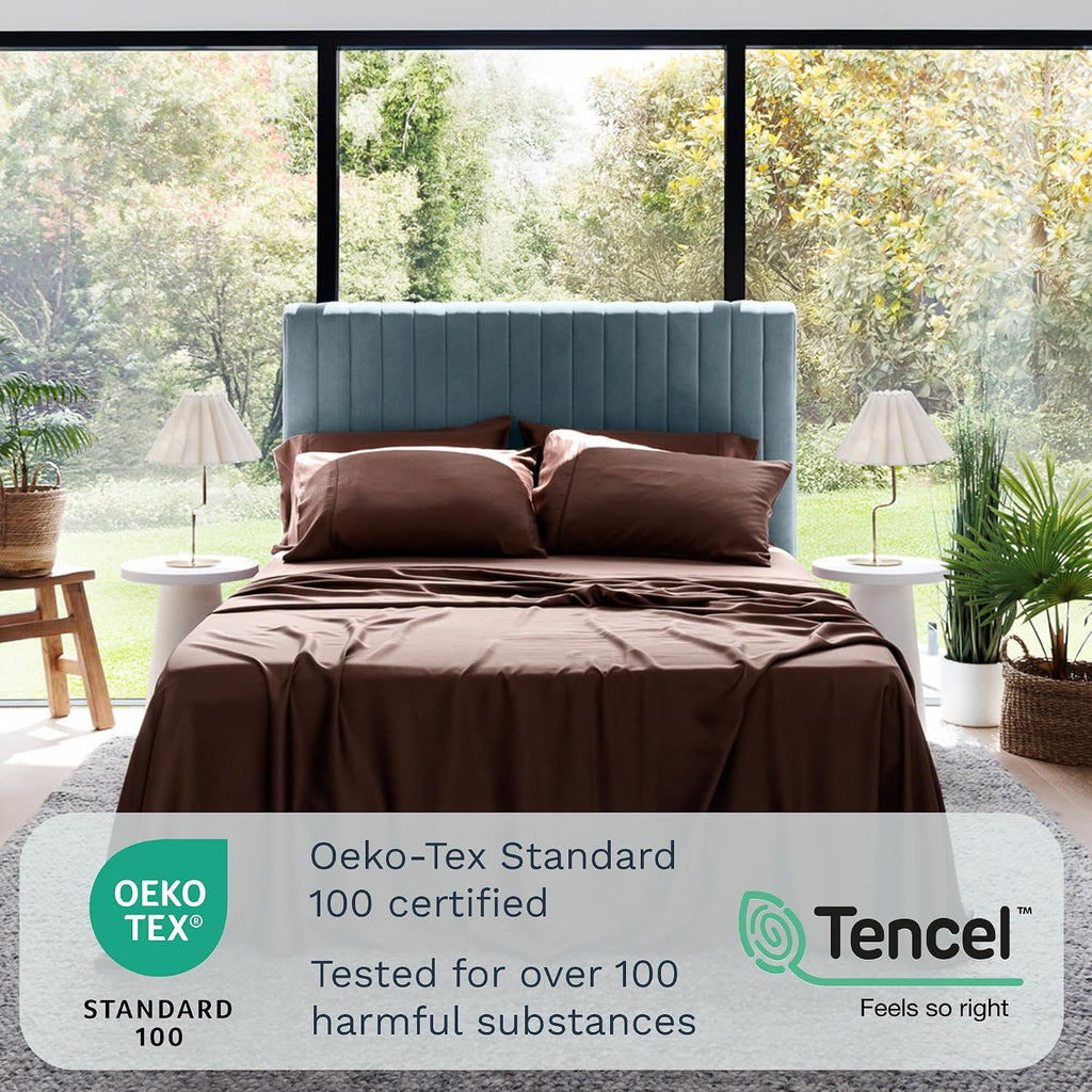 Olive + Crate Tencel Lyocell Eucalyptus Queen Size Sheet Set - Cooling Tencel Sheets for Hot Sleepers with 18 Inch Deep Pocket Fit - Cacao 4-Piece Set