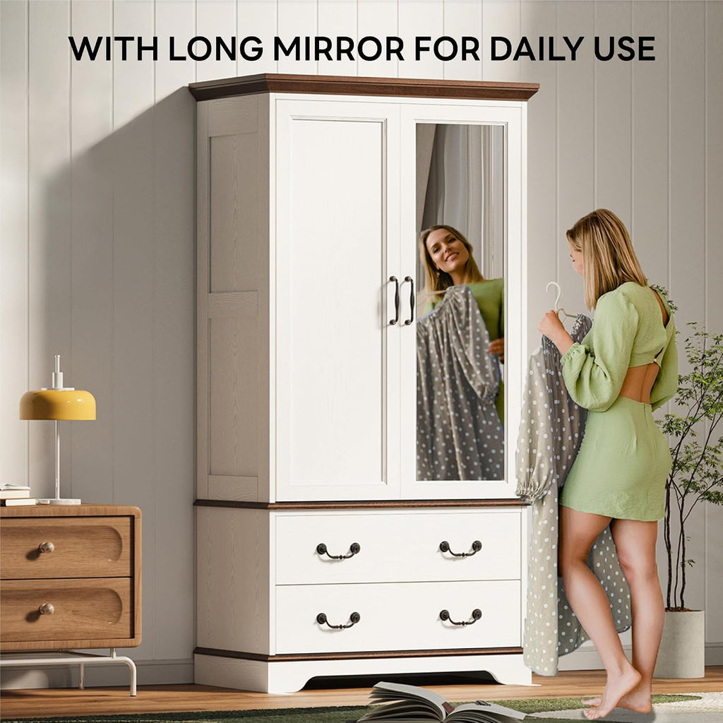 LIKIMIO Armoire Wardrobe Closet with Mirror, 70.1' Wooden Clothing Storage Cabinet with 2 Doors & 2 Drawers, Modern Bedroom Freestanding Wardrobe Combination with Hanging Rod, Cherry with White