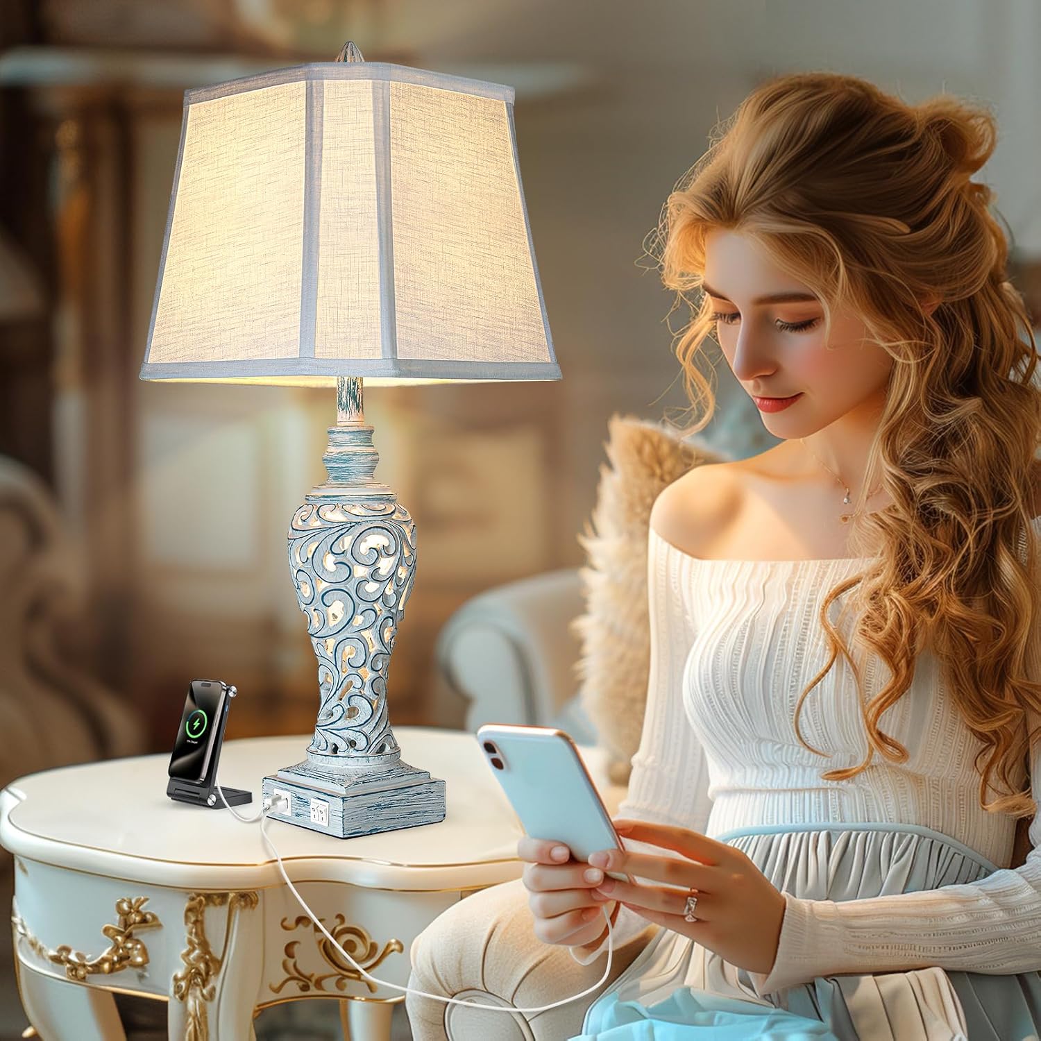 Table Lamp Bedside Lamps Set of 2, 28.5'' Luxsight Farmhouse Table Lamps for Bedroom, Lamps for Nightstands with Night Lights, with USB C+A Ports, Rustic Lamp for Living Room, Bulb Included