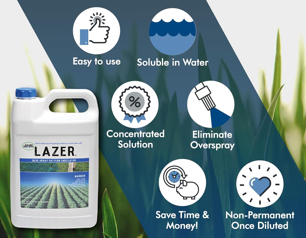 Liquid Harvest Lazer Blue Concentrated Spray Pattern Indicator - 1 Gallon (128 Ounces) - Perfect Weed Spray Dye, Herbicide Dye, Fertilizer Marking Dye, Turf Mark and Blue Herbicide Marker (Pack of 2)