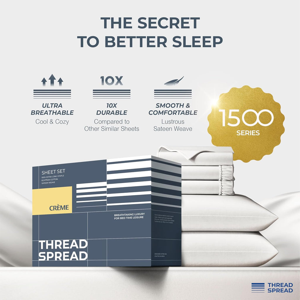 THREAD SPREAD 100% Egyptian Cotton King Size Sheet Set Pack of 2 - Luxury 1500 Series Egyptian Cotton Sheets King Size (Pack of 2, White), Silky Soft, Sateen Weave, Cooling, 17' Deep Pocket Bed Set