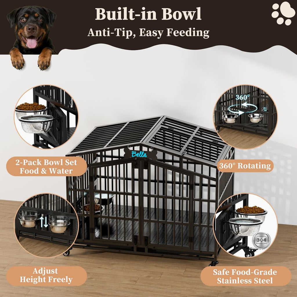 EasyCom 41 inch Heavy Duty Indestructible Dog Crate, Extra Large Metal Dog Kennel with 2 Adjustable Bowls, Open Top & Lockable Wheels, Escape Proof Indoor Cage for High Anxiety Large & Medium Breeds