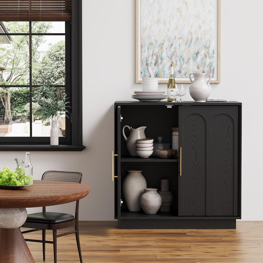 FORTUNETEC Sideboard Buffet Cabinet with Storage Set of 3, Mid Century Modern Accent Cabinet with Arched Doors, Modular Media Console, Credenza for Living Room Kitchen Dining Room Entryway, Black