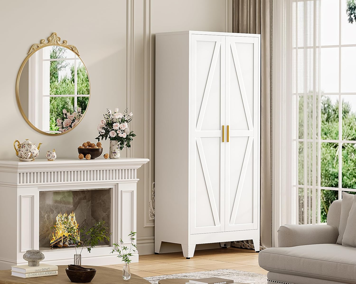 61' H White Storage Cabinet,Metal Pantry Cabinets with Doors,Tall Cabinet,Kitchen Pantry Storage Cabinets