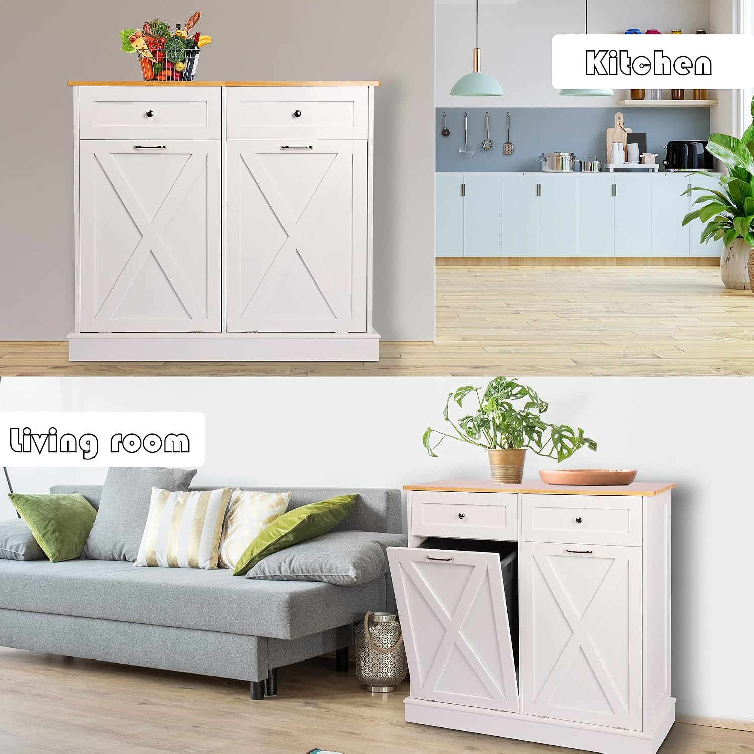 TOLEAD Double Tilt Out Trash Cabinet Free Standing 10 Gallon Recycling Trash Can Cabinet with Barn Door for Farmhouse Kitchen,Living Room, Dining Room, White