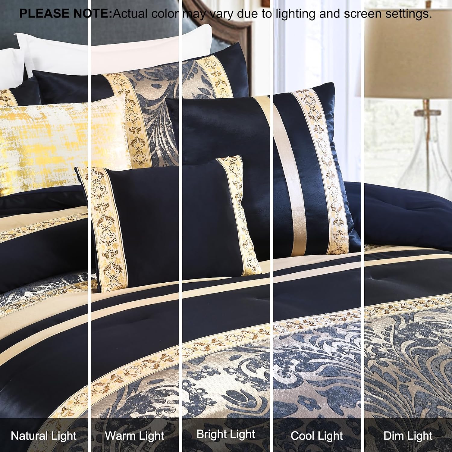 Finlonte Queen Size Comforter Set, Navy Blue Gold, 7 Piece Bed in a Bag for All Seasons, Luxury Vintage Floral Jacquard Damask Paisley Patchwork, Bedding Sets with Bedskirt, Shams and Decor Pillows