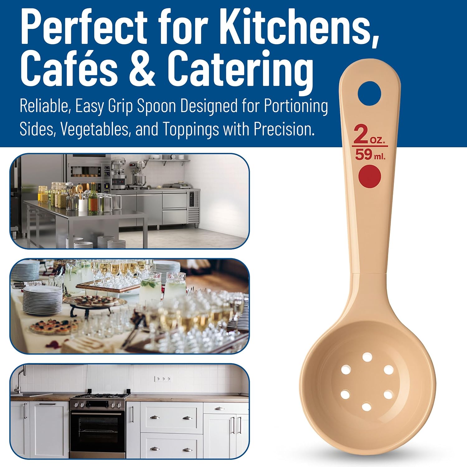 Carlisle FoodService Products 2 Oz Perforated Portion Control Spoon – Short Handle Measuring Spoon – Beige Polymer Foodservice Spoon for Commercial Kitchens, (Pack of 12)