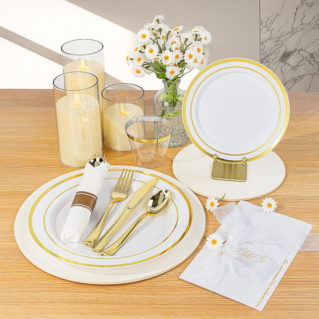 BESTVIP 700PCS Gold Plastic Dinnerware Set for 100 Guests, Disposable Plates for Party, Include: 200 Plastic Plates, 100 Pre Rolled Napkins with Gold Silverware, 100 Cups for Christmas, Halloween
