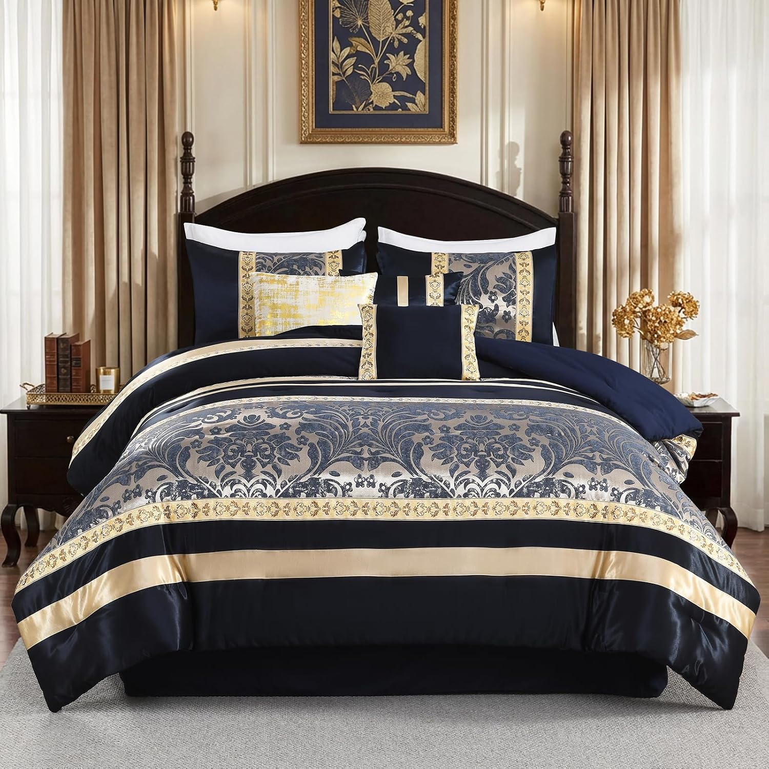 Finlonte Comforter Set California King Size, Navy Blue Gold, 7-Piece Bed in a Bag for All Seasons, Luxury Vintage Floral Jacquard Damask Patchwork, Bedding Sets with Bed Skirt, Shams and Decor Pillows