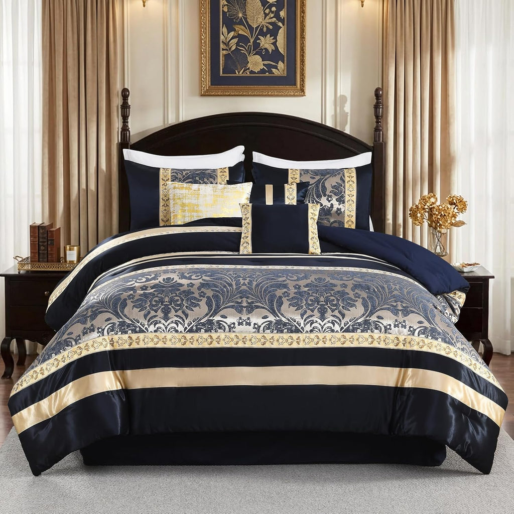 Finlonte Queen Size Comforter Set, Navy Blue Gold, 7 Piece Bed in a Bag for All Seasons, Luxury Vintage Floral Jacquard Damask Paisley Patchwork, Bedding Sets with Bedskirt, Shams and Decor Pillows