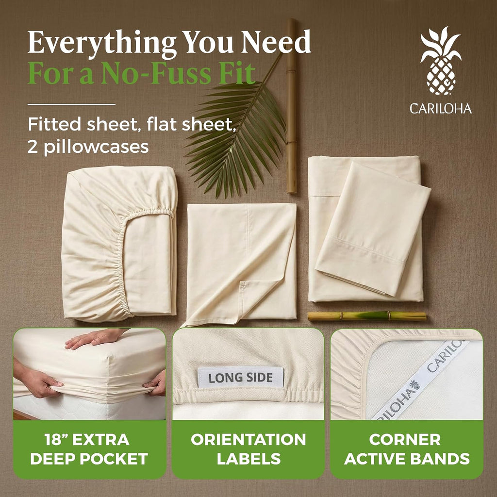 Cariloha Classic 100% Organic Bamboo Viscose Sheets - 4-Piece Queen Sheet Set - 18 in Extra Deep Pockets - Soft, Cooling, Hypoallergenic Sheets - Oeko-TEX Standard 100 - Ivory