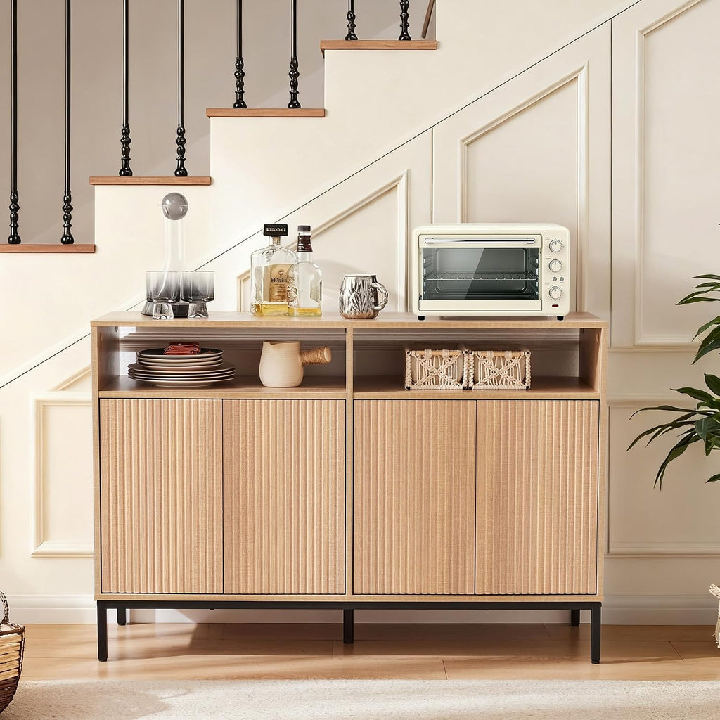 46 inch Sideboard Buffet Cabinet with Open Storage Shelf, Modern Fluted Credenza with 4 Doors and Adjustable Shelf, Large Coffee Bar Storage for Kitchen, Entryway