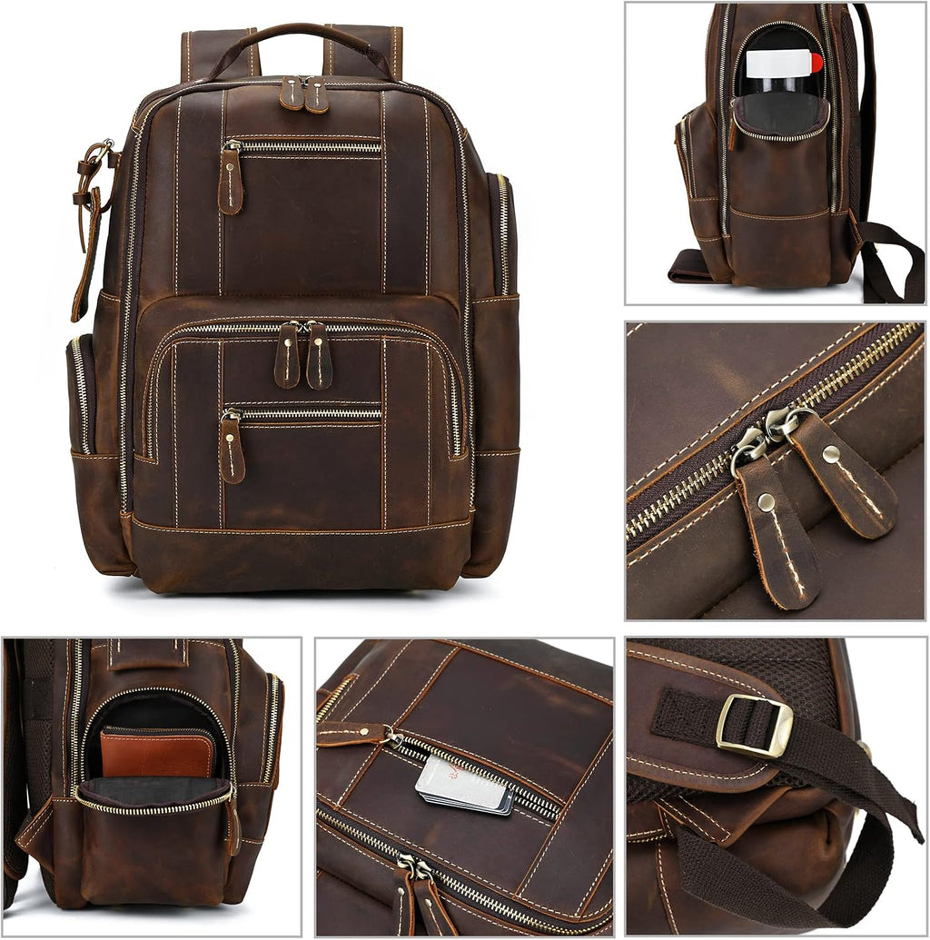 Vintage Full Grain Leather Backpack for Men, 16' Laptop Rucksack For Men Hiking Trave Work Business Bag, 9517 Brown