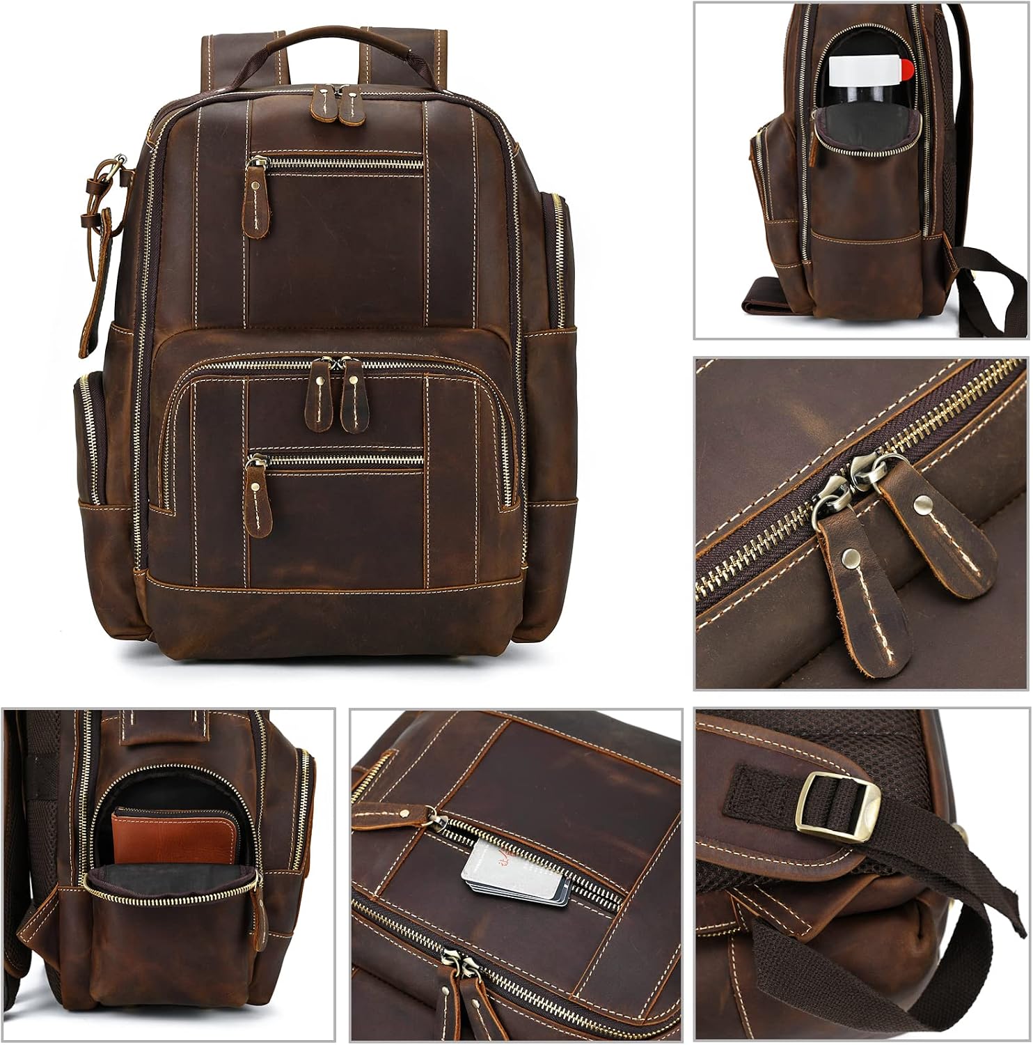 Vintage Full Grain Leather Backpack for Men, 16' Laptop Rucksack For Men Hiking Trave Work Business Bag, 9517 Brown