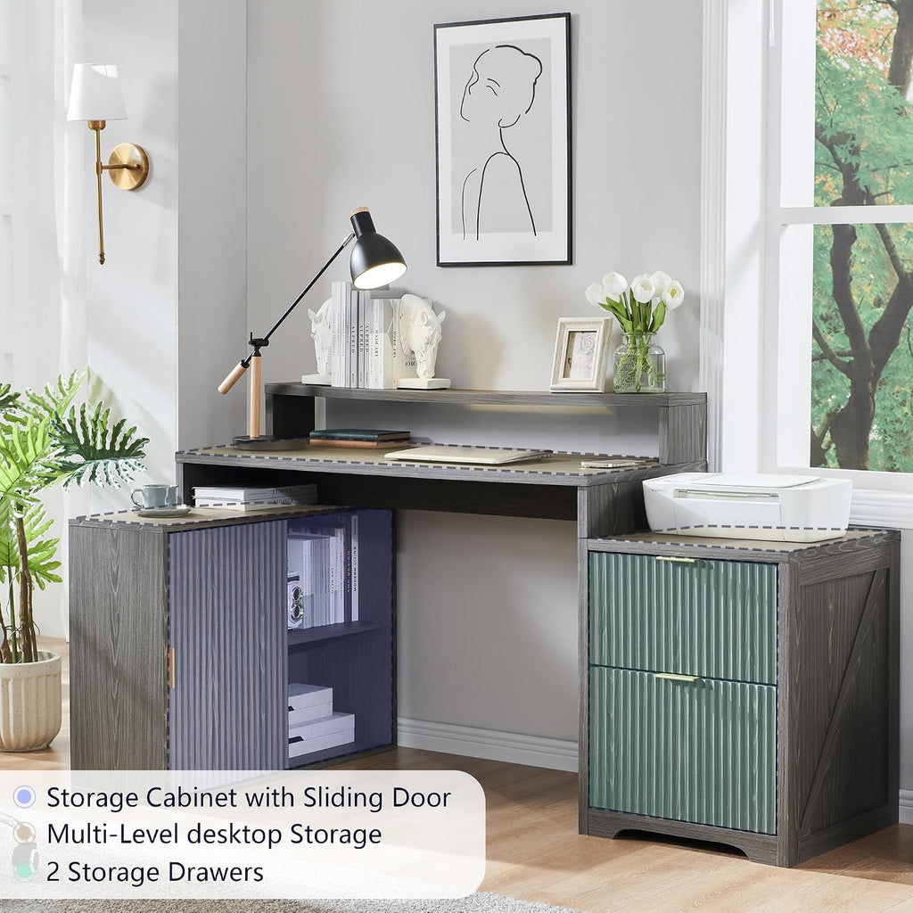 JXQTLINGMU Modern L Shaped Desk with Storage Cabinet & Drawers, Wood Home Office Desk with Power Outlets, Fluted Computer Writing Desk