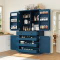 Freestanding 4 Doors Kitchen Pantry, Wood Kitchen Cupboard Storage Cabinet with 6 Door Shelves, Drawer and 3 Pull-Out Trays for Dining Room (Blue-4.14)
